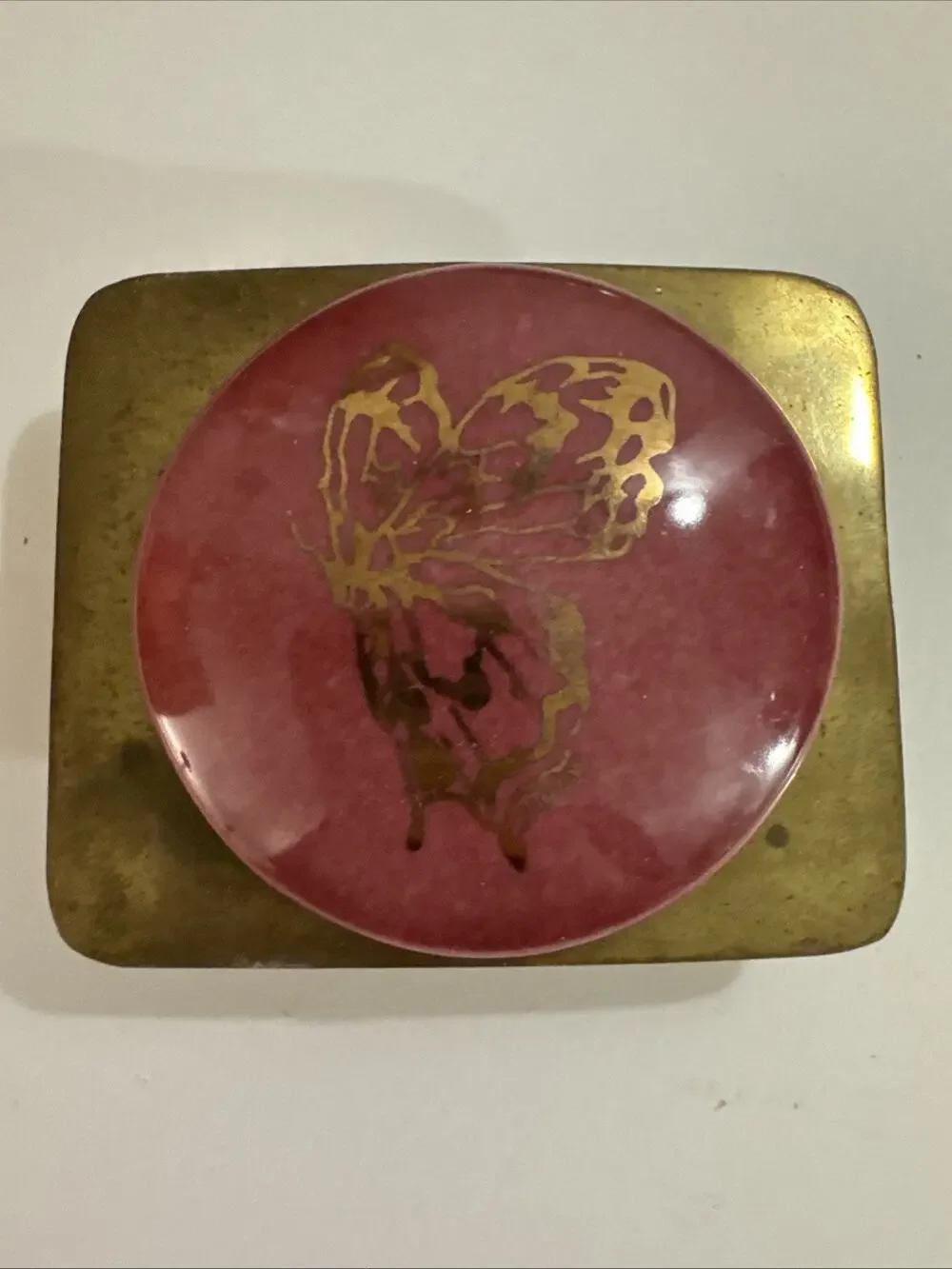 Vintage Brass Butterfly Belt Buckle - Pink Enamel Oval Mid Century Style